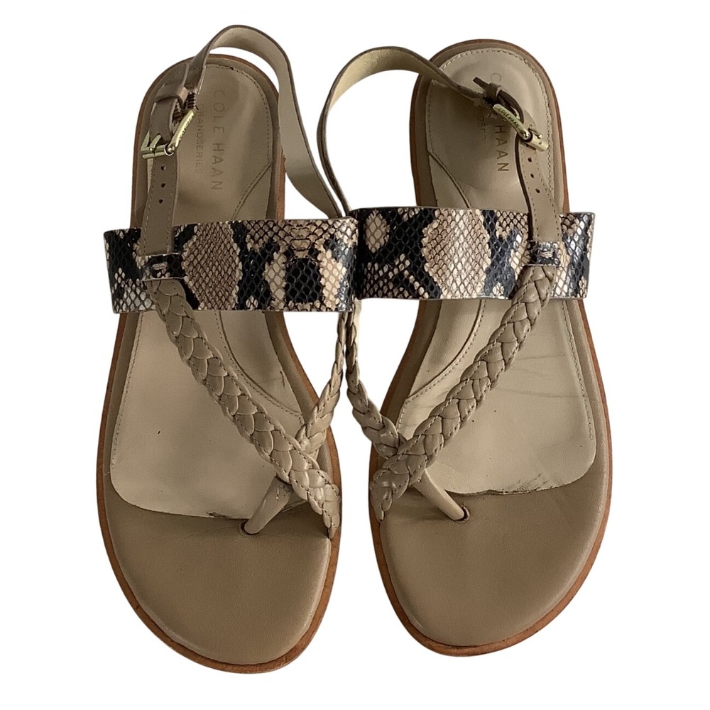 Cole Haan Grandseries Tan Leather Braided Snakeskin Print Flat Sandals 7.5B